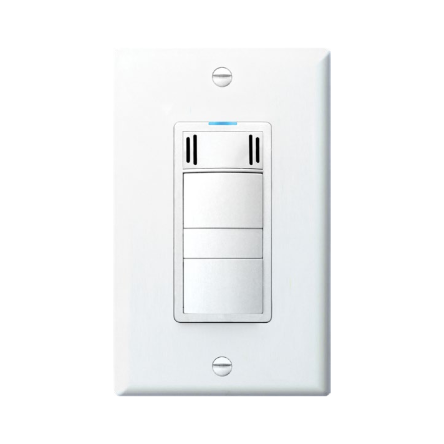 White wall-mounted control panel with ventilation slots at top and three horizontal switch buttons below.