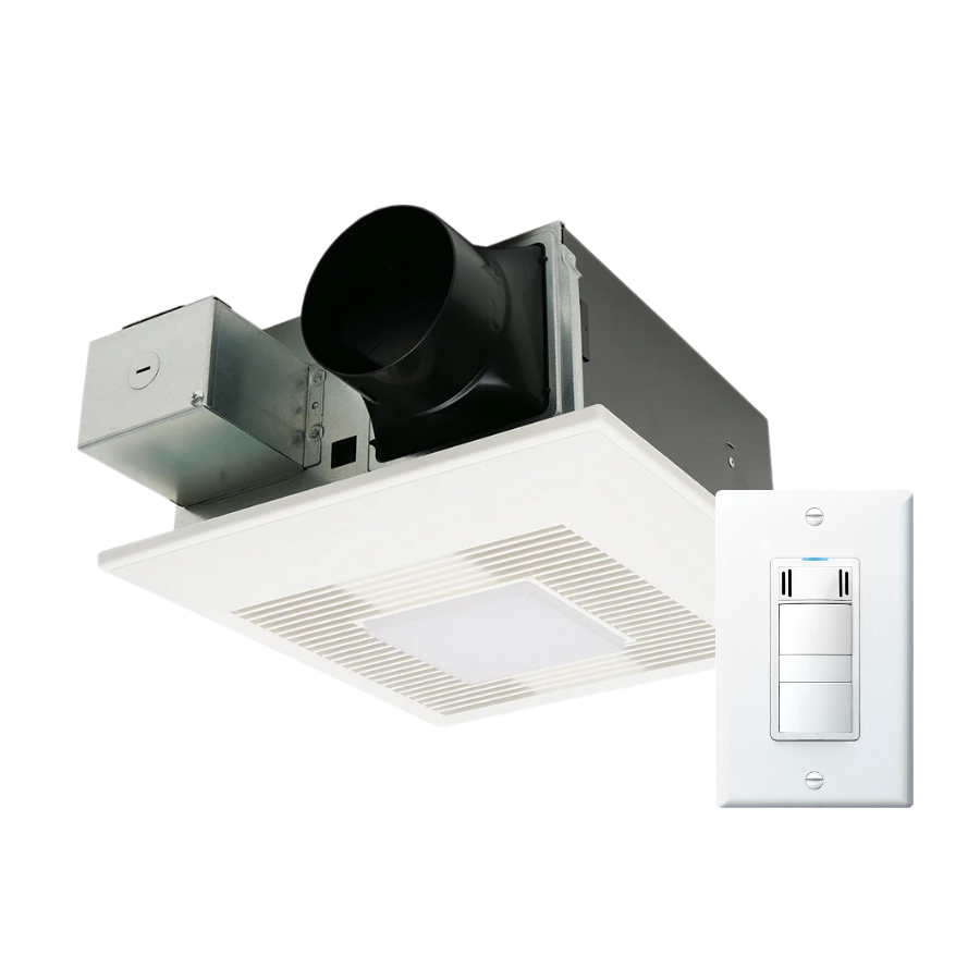 White ceiling-mounted exhaust fan with light fixture, ductwork, and white wall-mounted control switch.