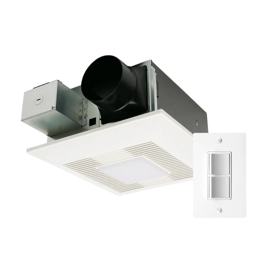 White ceiling exhaust fan with integrated light and dual rocker switch control on white wall plate.