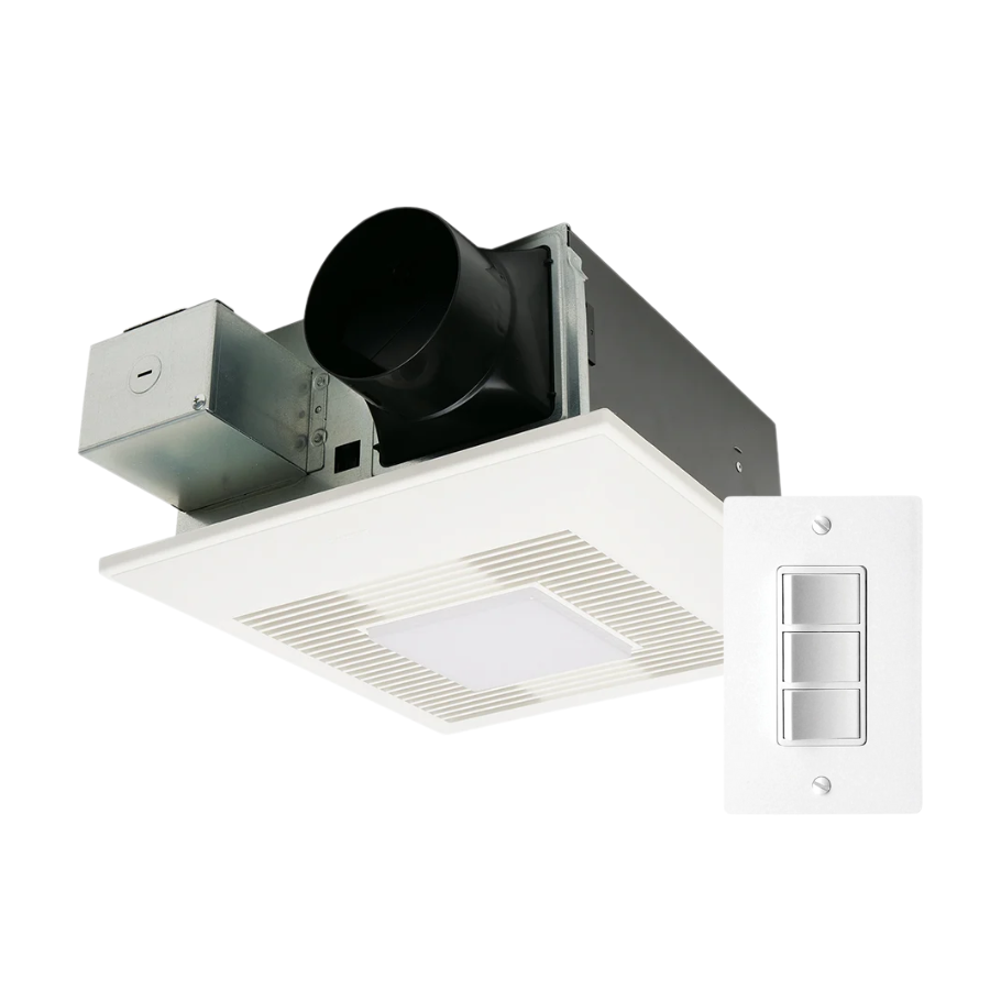 White ceiling exhaust fan with integrated light fixture and three-way wall switch control.