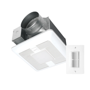 White ceiling-mounted exhaust fan with integrated light and dual rocker switch wall control.
