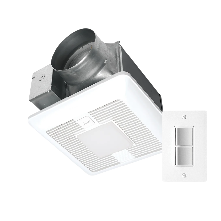 White ceiling-mounted exhaust fan with integrated light and dual rocker switch wall control.