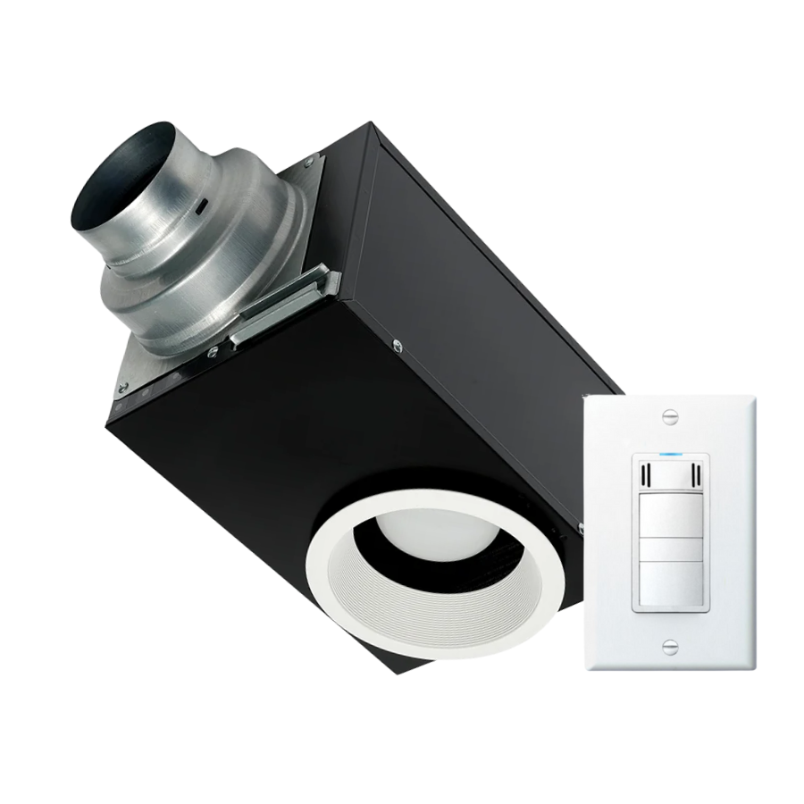 Black recessed ventilation fan with metal duct, white trim ring, and white wall-mounted control switch.