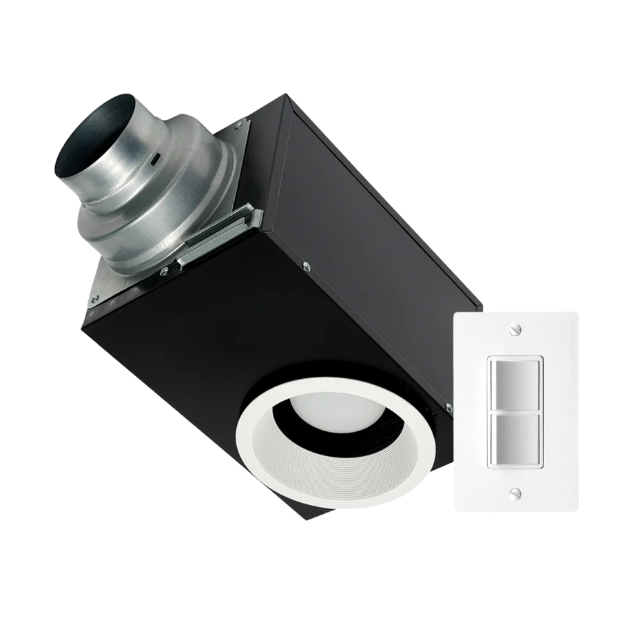 Panasonic recessed fan/light unit with metal duct and white trim ring, paired with white dual rocker switch plate.