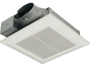 White square ceiling exhaust fan with metal ductwork and horizontal louvers mounted on dark motor housing.