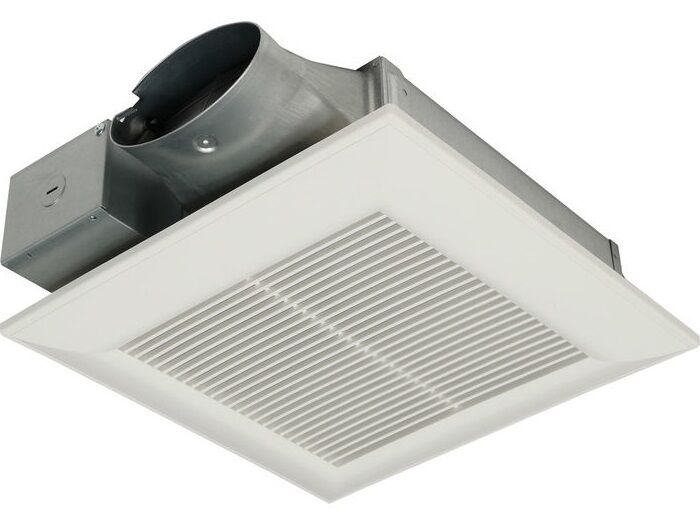 White square ceiling exhaust fan with metal ductwork and horizontal louvers mounted on dark motor housing.