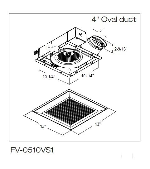 Panasonic WhisperValue ceiling fan with motor housing, grille cover, and 4" oval duct connector shown with dimensions.