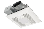 White square ceiling ventilation fan with louvered grille and attached metal ductwork on top.