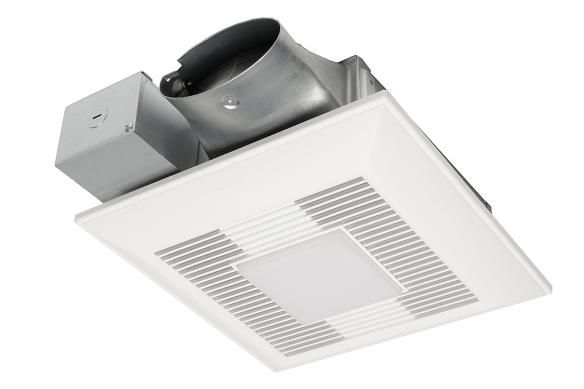 White square ceiling ventilation fan with louvered grille and attached metal ductwork on top.