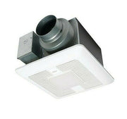 White square exhaust fan with integrated LED light and gray metal ductwork connector mounted above.