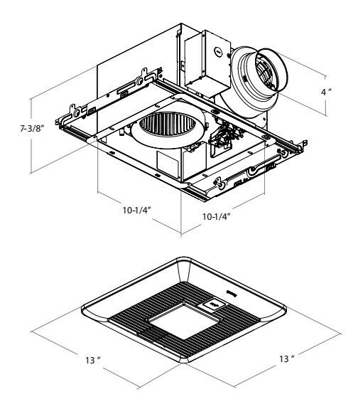 Ceiling exhaust fan with LED light shown in exploded and assembled views with dimension measurements.