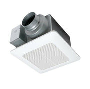 Square white ceiling ventilation fan with metal ductwork connector and grille intake panel.