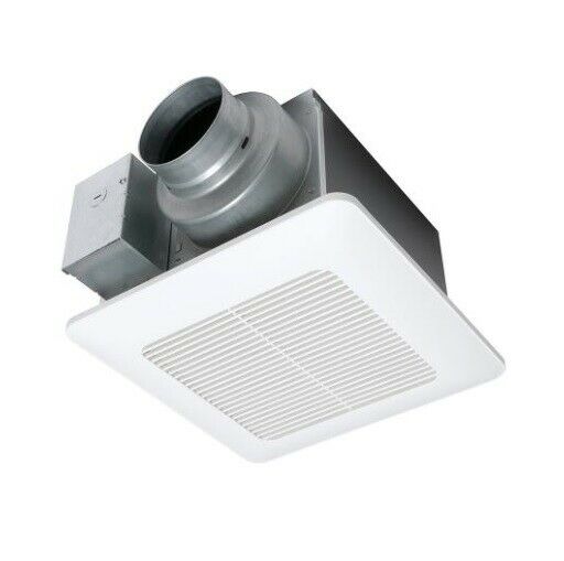 Square white ceiling ventilation fan with metal ductwork connector and grille intake panel.