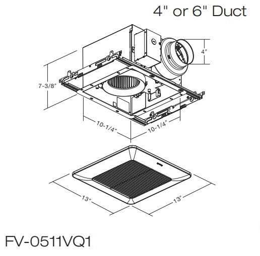 Panasonic FV-0511VQ1 ceiling ventilation fan assembly with motor, duct connector, and square trim ring, shown with dimensions