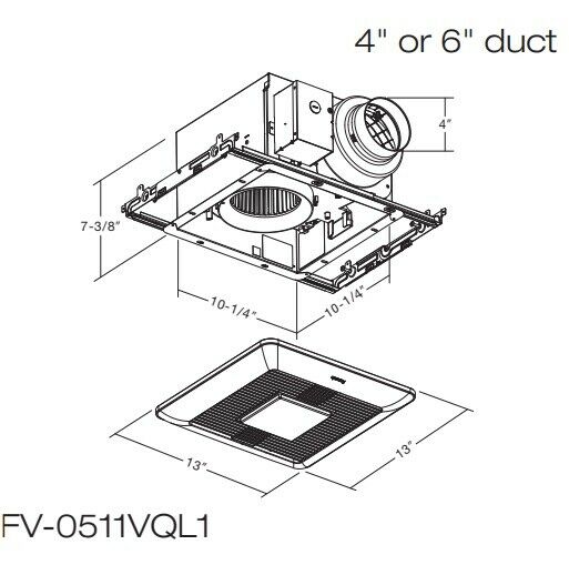 Panasonic ceiling ventilation fan with light showing internal housing unit and square trim ring with dimensions and duct conn