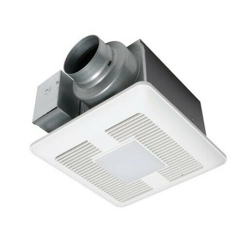 White square ceiling ventilation fan with central light fixture and gray metal duct connection on top.