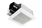 White square ceiling ventilation fan with horizontal louvers and black cylindrical duct connector.