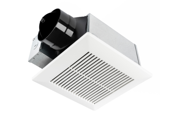 White square ceiling ventilation fan with horizontal louvers and black cylindrical duct connector.