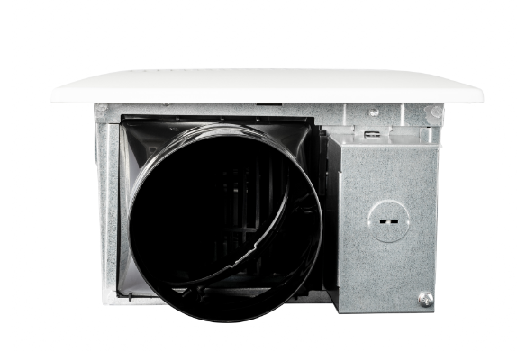 White ceiling-mounted ventilation fan with exposed black ductwork and metal housing visible from interior angle.