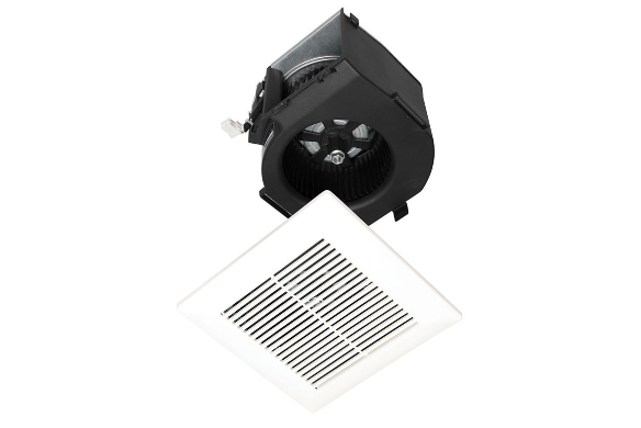 Black and white ventilation fan unit with motor housing and square ceiling grille with horizontal slats.