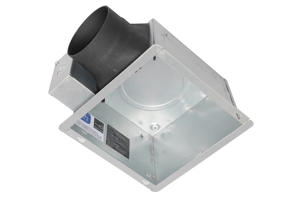 White square ceiling-mounted ventilation fan with black circular duct connector and translucent cover panel.