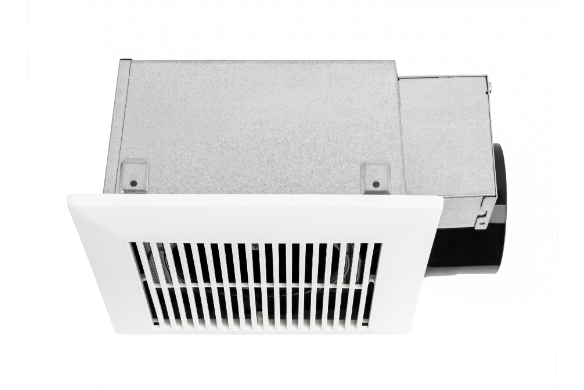White rectangular ceiling ventilation fan with vertical slat grille and black ducting connector on side.