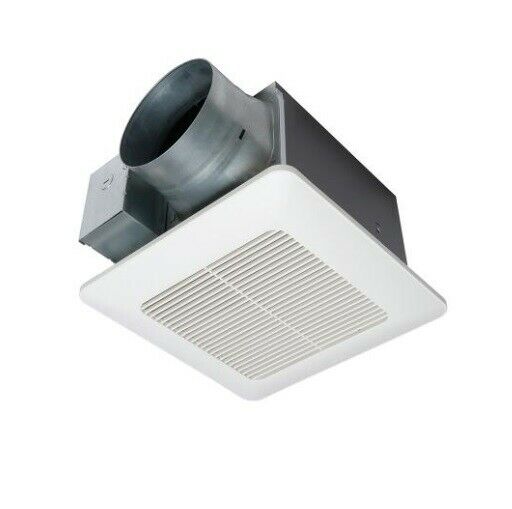 White square ceiling ventilation fan with horizontal grille and gray metal duct connector on top.
