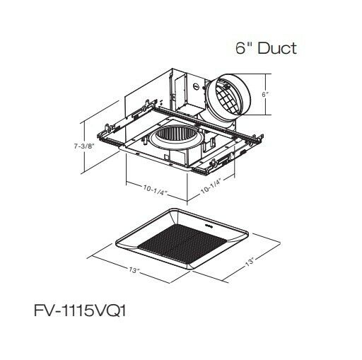 Panasonic WhisperCeiling ventilation fan with 6-inch duct connection and square grille shown in exploded assembly view with d