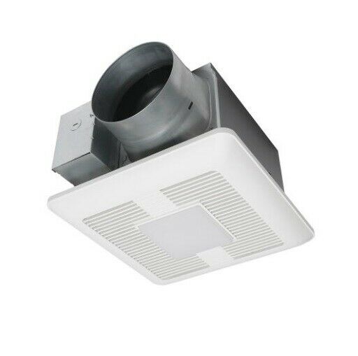 White square ceiling ventilation fan with gray ductwork connector and center LED light panel.