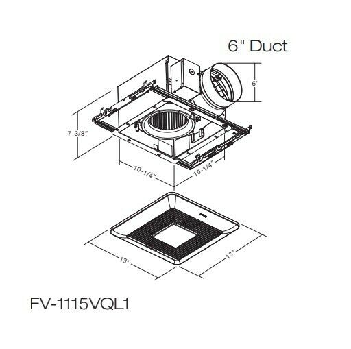 Panasonic ceiling ventilation fan with LED light showing internal motor assembly and 6" duct connection with dimensions and t
