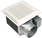 White square ceiling fan unit with horizontal slot grille and metal ductwork attachment below.