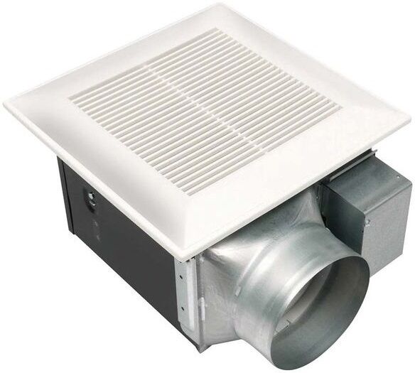 White square ceiling fan unit with horizontal slot grille and metal ductwork attachment below.