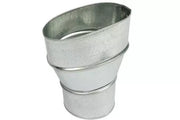 Galvanized metal duct adapter with oval opening at top transitioning to round opening at bottom.