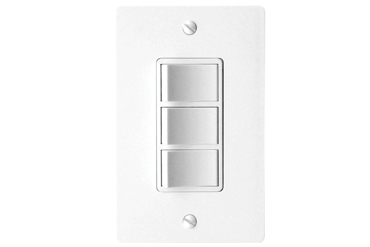 White wall switch plate with three stacked silver toggle switches for separate fan and light control.