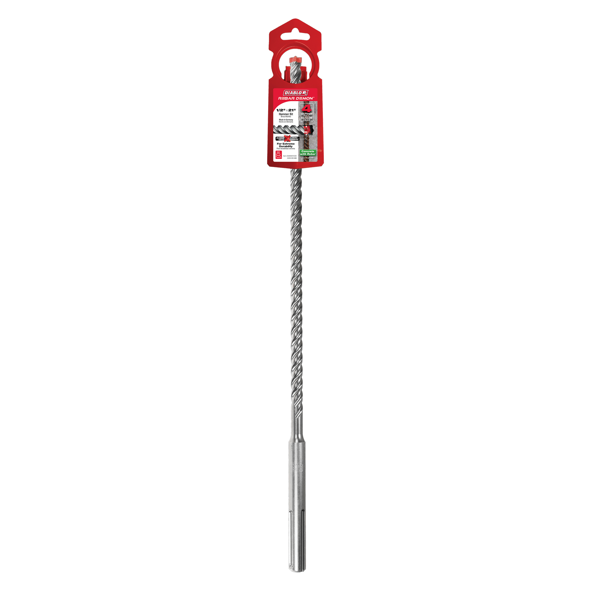 Diablo SDS-Max hammer drill bit with gray spiral flutes, carbide head, and red hanging package at top.