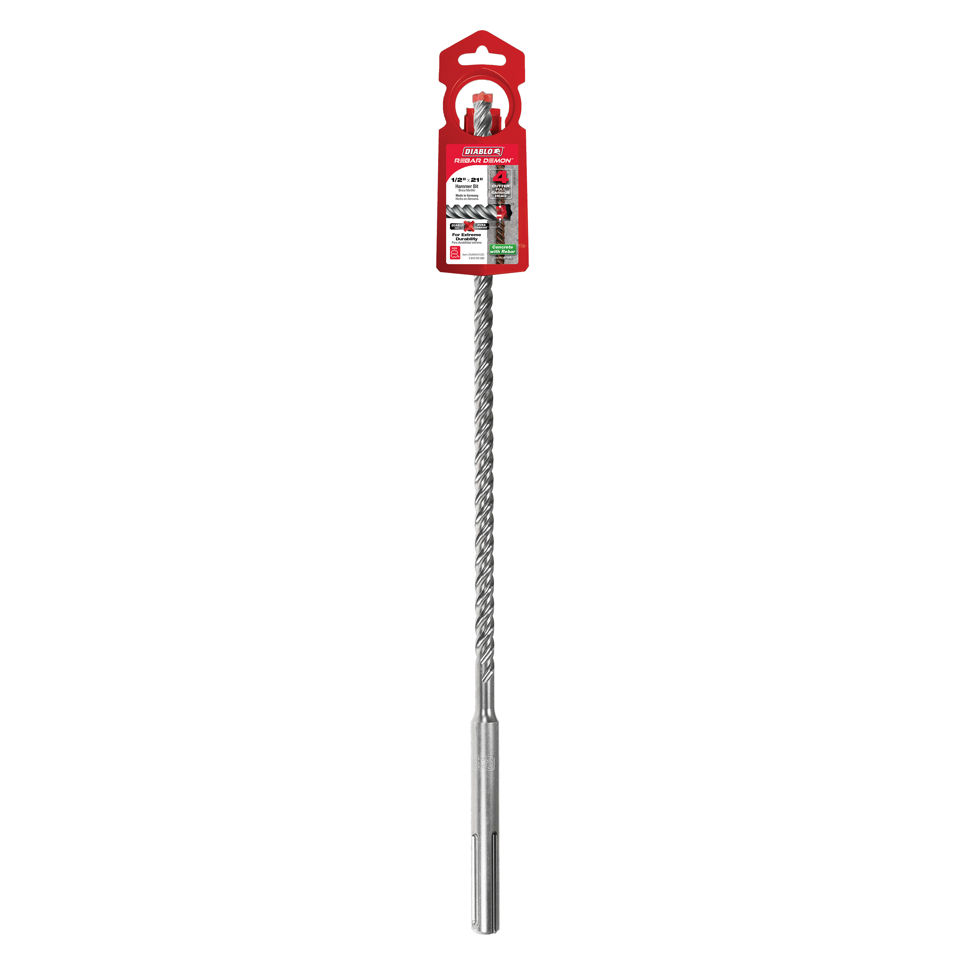 Diablo SDS-Max hammer drill bit with gray spiral flutes, carbide head, and red hanging package at top.