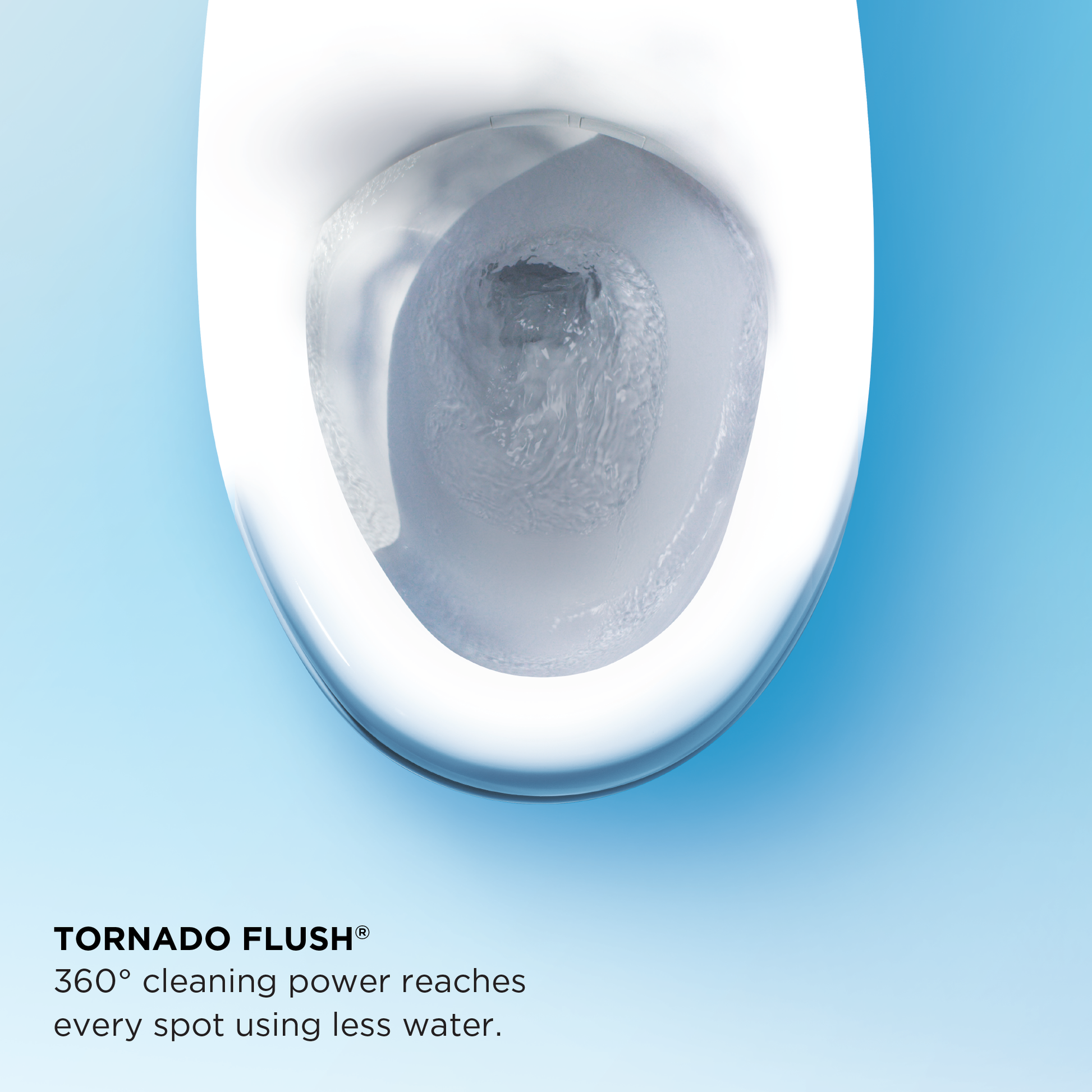 White elongated toilet bowl with water swirl visible inside, shown from above against blue background.