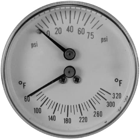 Dual-needle boiler gauge with pressure (0-75 psi) and temperature (60-320°F) scales and black metal casing.