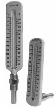Pasco steel thermometers with temperature scales and metal probes in straight design.