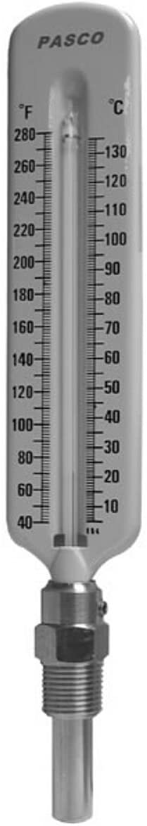 Pasco thermometer with gray plastic casing, dual Fahrenheit and Celsius scales, and brass threaded stem.