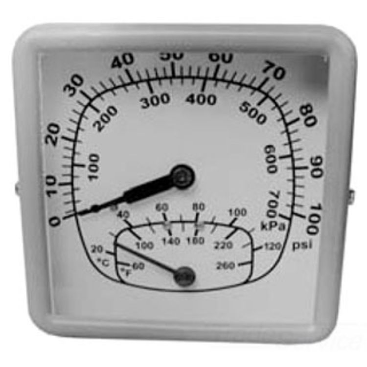 Dual analog gauge with upper scale showing temperature in degrees Celsius/Fahrenheit and lower scale displaying pressure in k