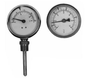 Two dial thermometers with black stems mounted side by side, displaying temperature scales.