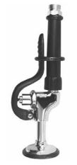 Black and chrome pre-rinse spray head with curved arm and weighted base, mounted on stand.