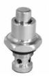 Chrome spray cartridge with threaded metal base and valve opening on top.