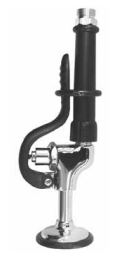 Black spray valve assembly with curved outlet tube and chrome base, mounted on circular stand.