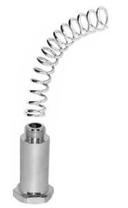 Chrome spring coupling with cylindrical metal base, 3 inches long, bent at angle.