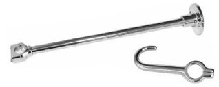 Chrome wall bracket with extended arm and mounting hardware for pre-rinse faucet installation.