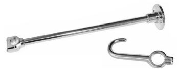 Chrome pre-rinse hose hook with mounting bracket and curved hook attachment.