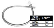 Coiled gray vinyl hose with metal connector and part number label showing 38" and 54" length options.