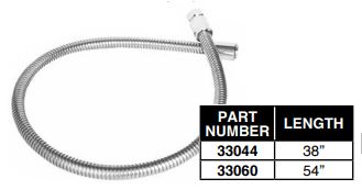 Coiled gray vinyl hose with metal connector and part number label showing 38" and 54" length options.
